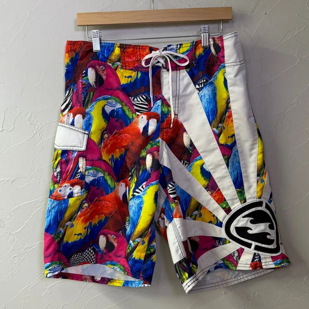 Vintage Billabong Andy Irons Board Shorts Rising Sun Mens 33 AOP Parrot RARE